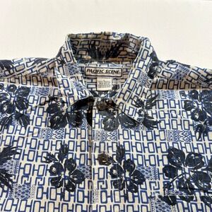 Pacific Scene Hawaiian Shirt Men Large Blue Floral Cotton Short Sleeve Button Up
